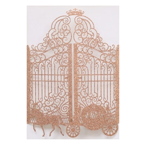 Detail of rose gold laser-cut invitation cover with glitter crown and carriage motifs