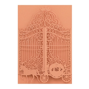 Laser-cut rose gold wedding invitation cover featuring an elegant horse carriage design