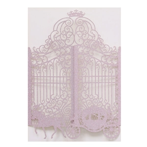 Pink glitter laser-cut wedding invitation cover with elegant crown and carriage design
