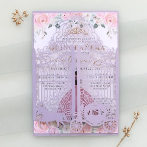 Detailed laser cut lavender wedding invitation with elegant horse carriage design and floral card