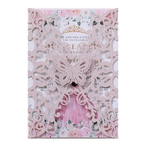 Pink glitter laser-cut butterfly invitation card with elegant floral inner sheet