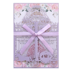 Laser-cut lavender wedding invitation set with floral inner card and ribbon detail