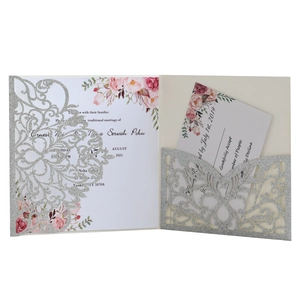 Silver laser-cut glitter wedding invitation set with floral inner card and RSVP card