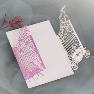 Detailed laser cut lavender glitter gatefold invitation with white horse carriage cover