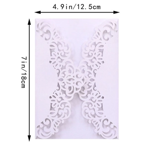 Detail of white laser cut floral invitation cover with size specs 4.9 x 7 inches