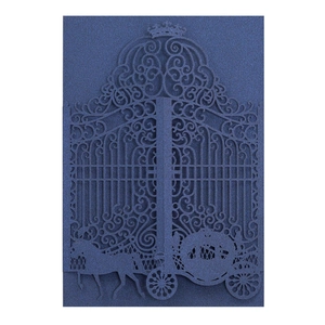 Laser cut dark blue wedding invitation featuring a royal crown and horse carriage design