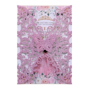 Pink glitter laser-cut butterfly invitation card with floral insert for wedding celebrations