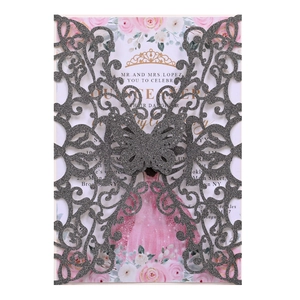 Detailed laser-cut dark grey glitter butterfly invitation cover with pink floral design