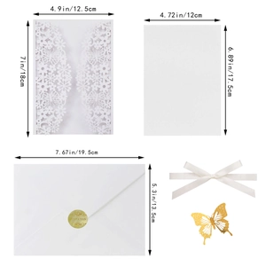 Laser cut butterfly wedding invitation set with dimensions 18x12.5cm and gold seal