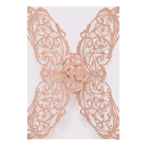 Laser-cut rose gold glitter wedding invitation sleeve with floral vine pattern
