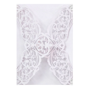 Elegant white laser-cut butterfly invitation cover with intricate floral patterns