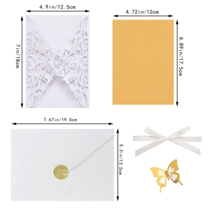 Detailed dimension guide for hollow butterfly wedding invitation with envelope and gold insert