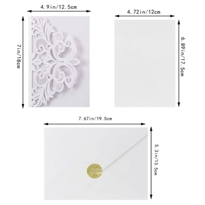 Detailed size guide for laser-cut lace wedding invitation with envelope and gold seal