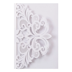 Elegant white laser-cut wedding invitation card with intricate floral lace pattern