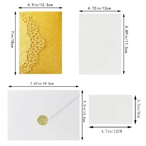 Size chart for golden laser-cut wedding invitation set with envelopes and inner cards