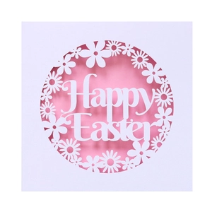 Laser-cut Happy Easter invitation card with white floral pattern and pink background