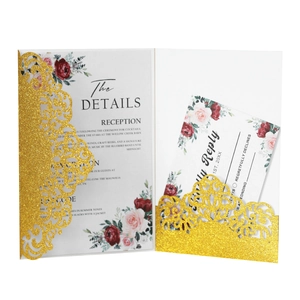 Elegant Laser Cut Wedding Invitation Cards Shimmer Glitter Pocket With Envelopes Floral RSVP Detail Cards For Engagement Ceremony Party Anniversary