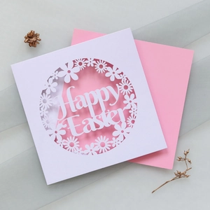 Detail of laser-cut flower patterns and Happy Easter greeting on square paper card