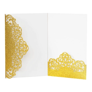Detailed laser-cut golden glitter invitation pocket with intricate lace pattern
