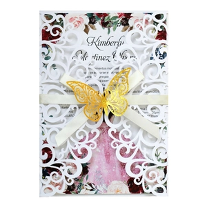Cartes D'Invitation De Mariage Découpées Au Laser Papier Perlé Évidé Avec Nœud En Ruban Et Décor De Papillon Pour Fiançailles Élégant