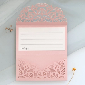 Detailed laser-cut pink floral invitation with With Love card and lined paper insert