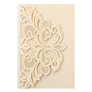 Detailed laser-cut floral pattern on beige lace wedding invitation with shimmer finish