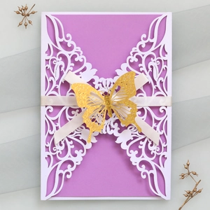 Elegant 3D butterfly wedding invitation card with laser-cut lace and lavender inner page