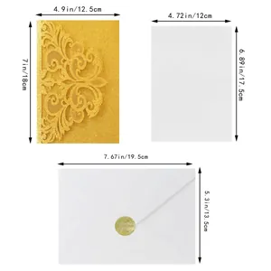 Size guide for gold laser-cut invitations with cover, insert, and envelope dimensions