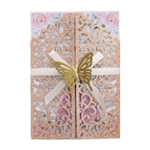Invitations de Mariage de Luxe Découpées au Laser Cartes en Papier Pailleté Avec Papillon Ruban Floral pour Fiançailles