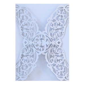 White laser-cut butterfly invitation shell with fine filigree patterns for weddings