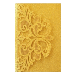 Elegant gold glitter laser-cut lace wedding invitations with intricate floral vine patterns