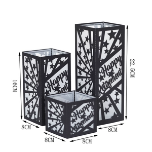 Three-piece black laser-cut retirement lantern set with Happy Retirement hollowed text