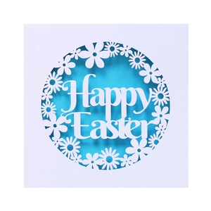 Laser cut Happy Easter invitation card with intricate floral daisy patterns on blue background