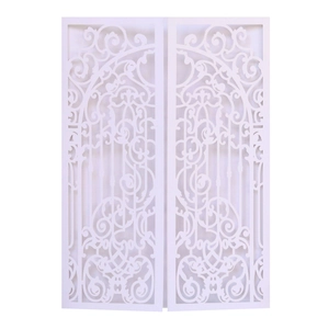 Laser cut white gate wedding invitation cover with intricate European scroll pattern