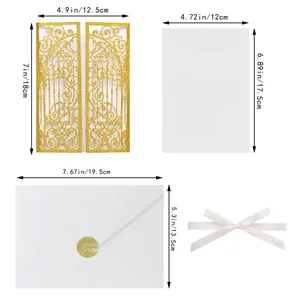 Detailed size chart showing laser-cut wedding invitation components and white inner sheets