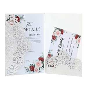 Elegant silver glitter laser cut wedding invitation set with vintage floral RSVP cards