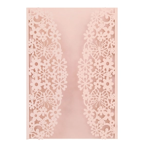 Pink laser-cut wedding invitation cover with elegant butterfly and floral hollow patterns
