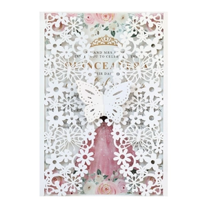 Elegant laser cut white invitation with hollow butterfly design and pink floral insert