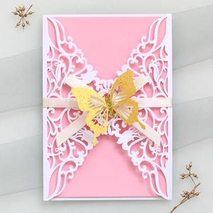 Butterfly Laser Cut Wedding Invitation Cards Ribbon Artificial Pearl Paper European Hollow Engagement Party Greeting Card Invitation