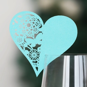 Sky blue heart laser-cut wine glass place card with pearl shimmer for wedding table decor