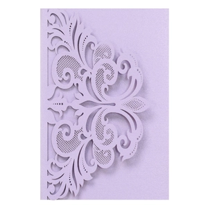 Detail of laser-cut floral patterns on lavender pearlescent paper wedding invitation