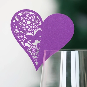 Detailed laser-cut purple heart wine glass card with floral and butterfly patterns