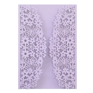 Elegant laser-cut light purple invitation cover featuring hollow floral and butterfly patterns
