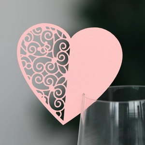 Pink heart-shaped laser-cut wine glass place card for wedding party decorations