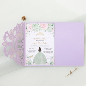 Detailed laser-cut lavender invitation featuring floral illustrations and a glitter gown girl