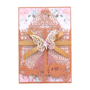 Laser Cut Wedding Invitation Cards Pearlescent Paper Gate Carriage Design Hollow Romantic Invitations With Envelope Ribbon Butterfly For Engagement Birthday Party Celebration