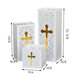 Three-piece white hollow cross paper lanterns with golden accents for religious decor
