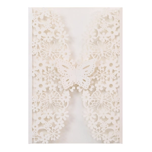 Elegant laser-cut ivory butterfly wedding invitation card cover with floral pattern