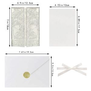 Laser cut butterfly wedding invitation set with dimensions on a clean white background