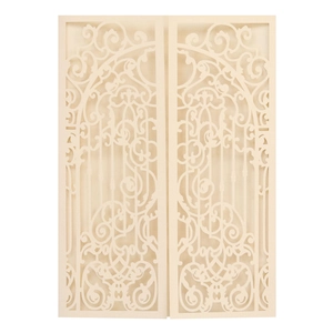 Detailed laser-cut pattern of cream wedding invitation gatefold with vine motifs
